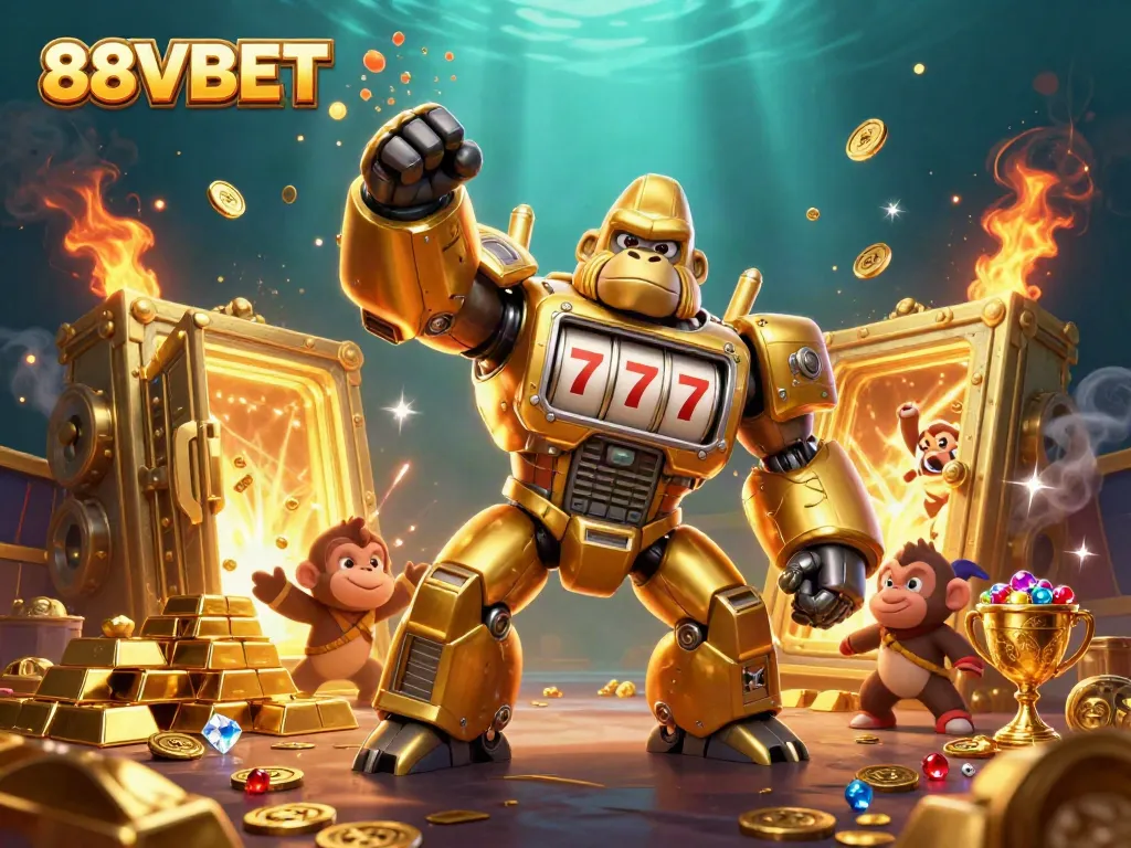 Experience excitement with 88VBET in this vibrant, richly detailed casino scene featuring a golden gorilla mech.