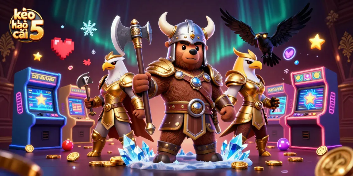 Experience the thrill of kèo nhà cái 5 with a dynamic 3D gaming scene featuring Viking and Valkyrie characters.