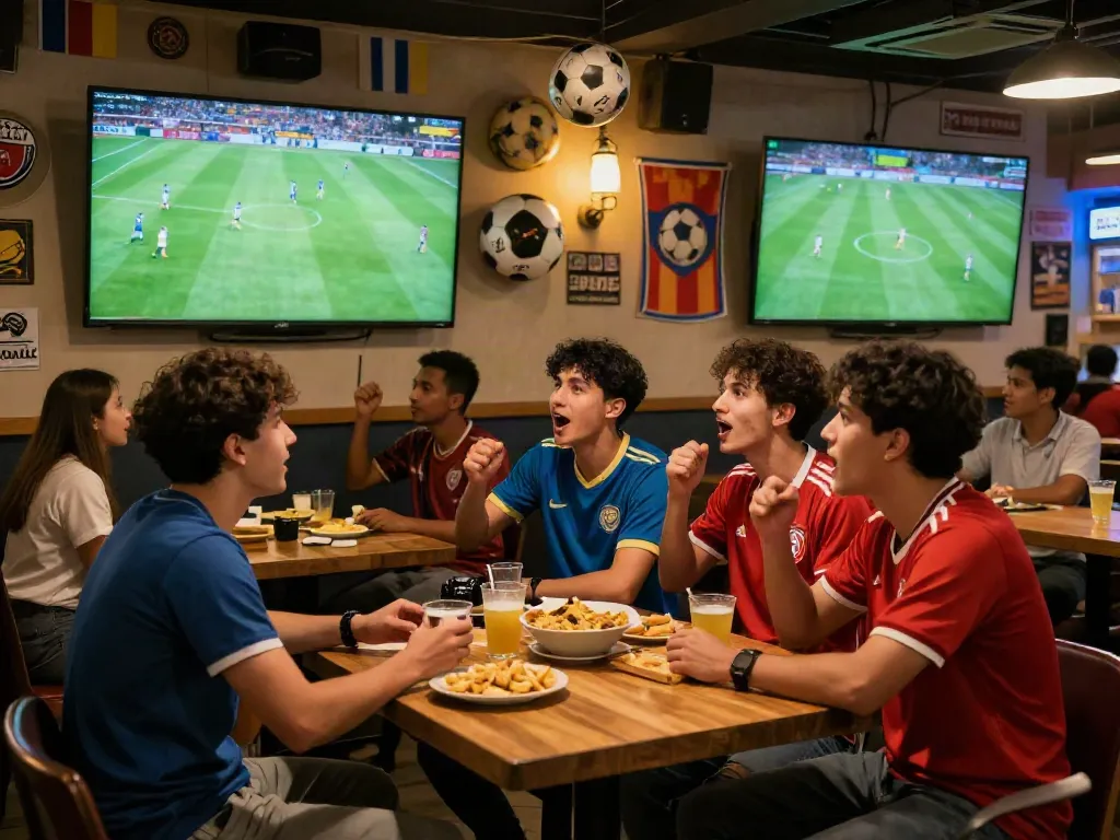Thapcamtv soccer fans enjoying a lively match at a sports bar with team jerseys.