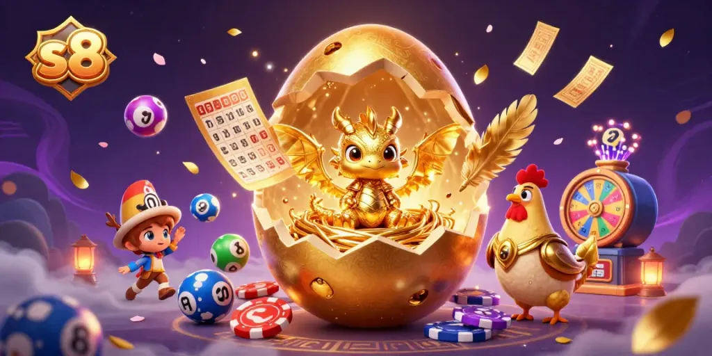 Experience thrilling gameplay at s8 as a golden dragon emerges from its egg, surrounded by dynamic lottery balls, bingo cards, and cash rain.