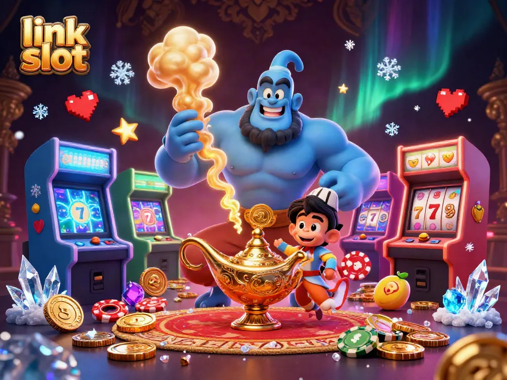 Engage with vibrant online gaming action at link slot, featuring 3D genie and magic carpet celebrating big wins.