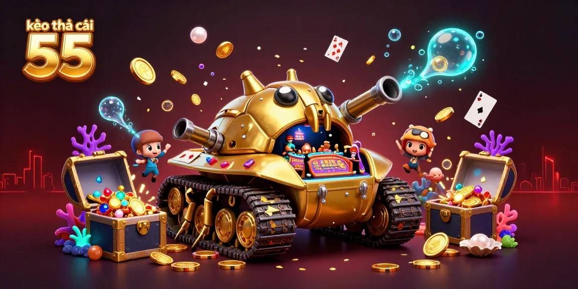 Engage with kèo nhà cái 55 in a vibrant 3D casino scene featuring a golden beetle tank.