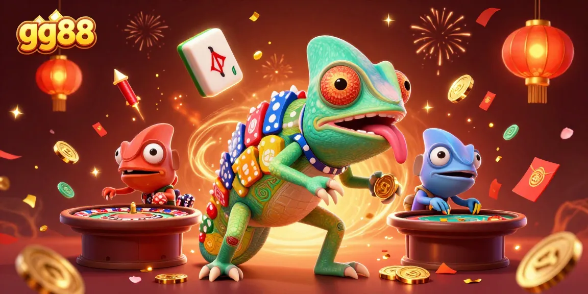 Engage with thrilling action at gg88's vibrant chameleon casino illustration, showcasing rich gaming elements and excitement.