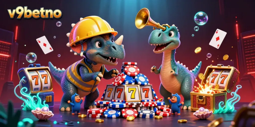 Experience thrilling gameplay with v9betno as the triceratops builds poker chip pyramids while celebrating with festive elements.