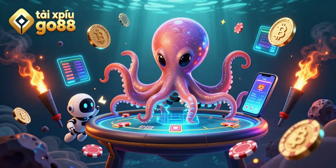 Tài xỉu go88 gameplay features vibrant 3D illustration of an alien octopus and robot amid cosmic gambling elements.
