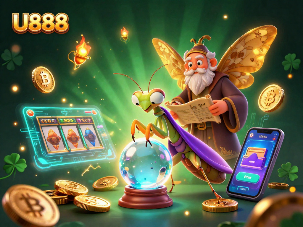 Experience thrilling moments at U888 with vibrant characters and casino elements in a mystical setting.