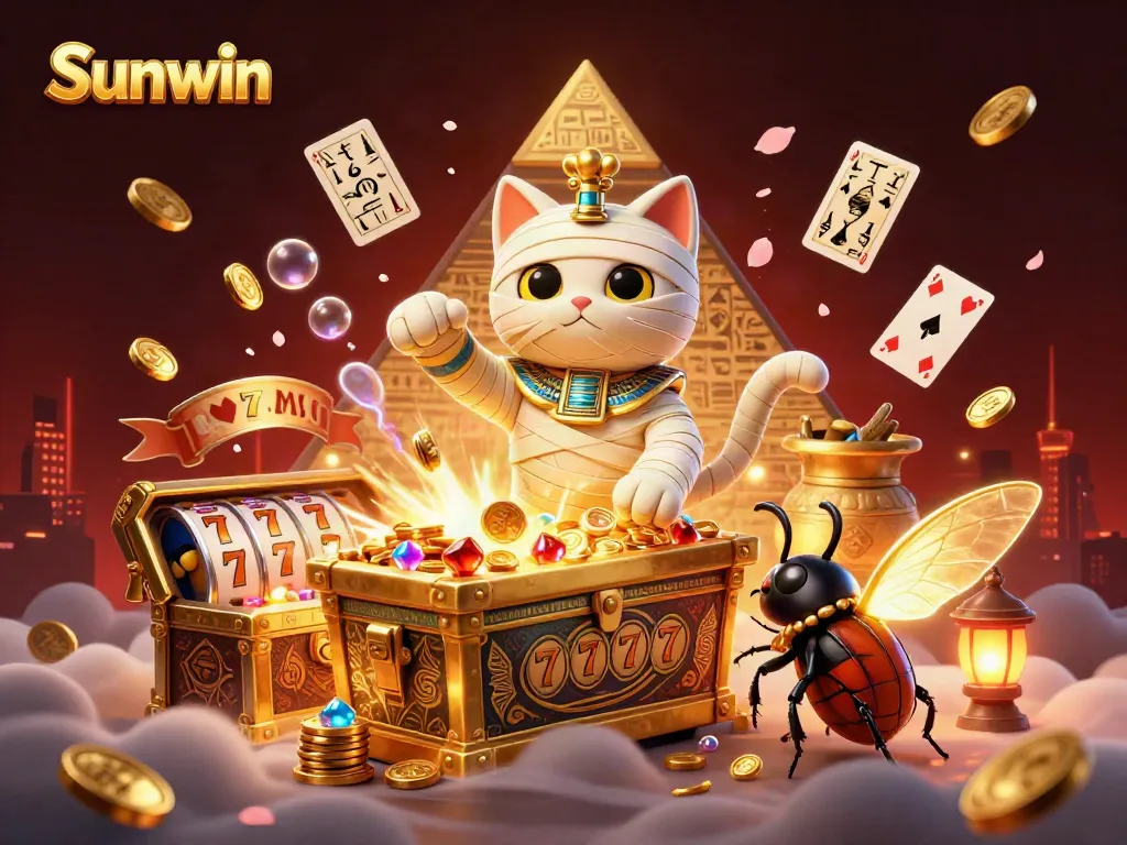 Engage with Sunwin's vibrant casino adventure featuring an Egyptian mummy cat, spinning slots, and golden treasures.