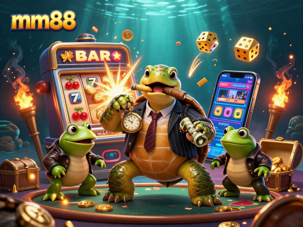 Experience thrilling gameplay at mm88 with a lively casino scene featuring vibrant characters and slot machine action.