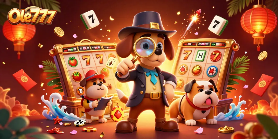 Join the fun at Ole777, where a detective investigates golden poker chips with vibrant casino elements!