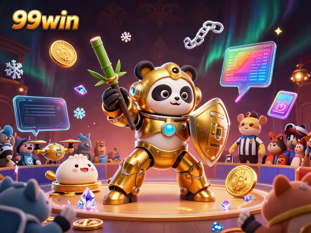 Experience the excitement of 99win with a dynamic scene featuring a mech-suit panda in a vibrant casino arena.