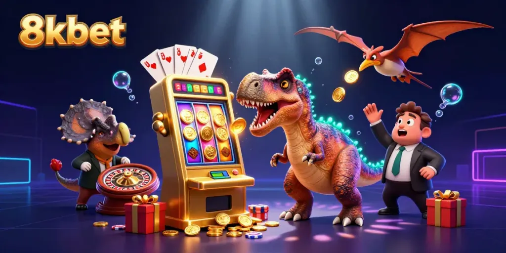 Experience the thrill of 8xbet as a pachycephalosaurus hits a jackpot slot machine, bringing excitement!