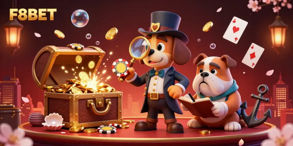 F8BET's vibrant casino scene showcases a detective and bulldog amidst gold coins and playing cards.