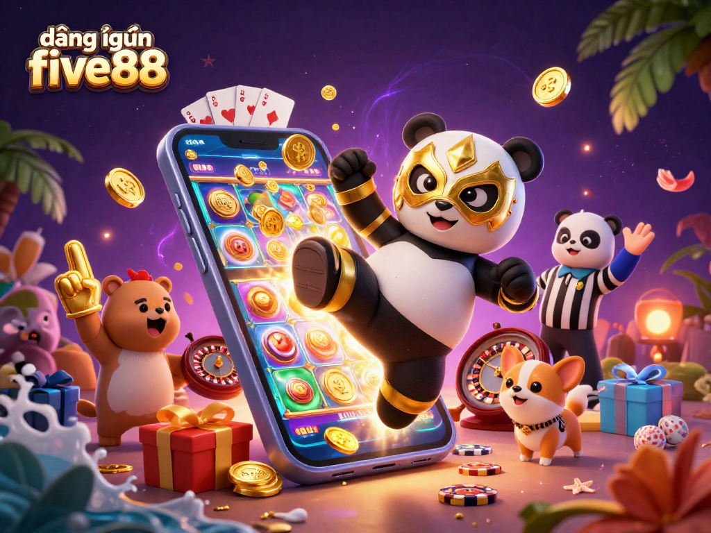 Experience the excitement of đăng nhập five88 with a dynamic scene of a panda wrestler and crypto casino elements.