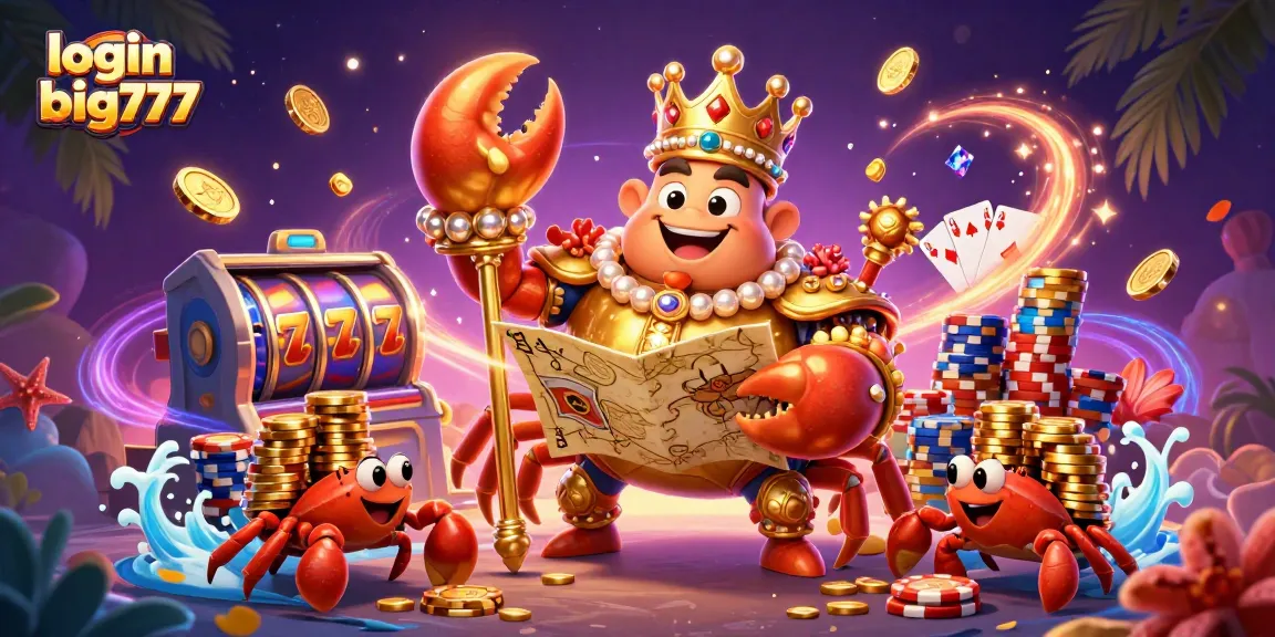 Experience login big777 with this captivating scene showcasing vibrant casino elements and a golden crab emperor.
