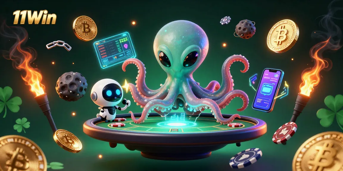 Experience thrilling gameplay with 11Win as the alien octopus expertly deals poker on a holographic table.