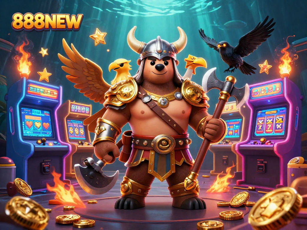 Play thrilling slot games with 888NEW in a vibrant 3D casino adventure scene.