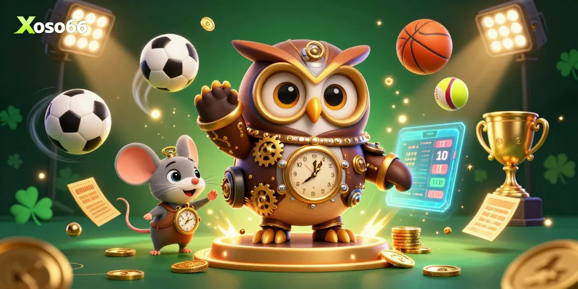 Xoso66 promotes excitement in a vibrant 3D casino scene with steampunk characters and dynamic sports elements.