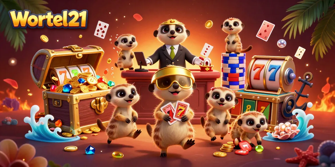 Wortel21 casino meerkats managing slot games and chips in a vibrant underwater scene.