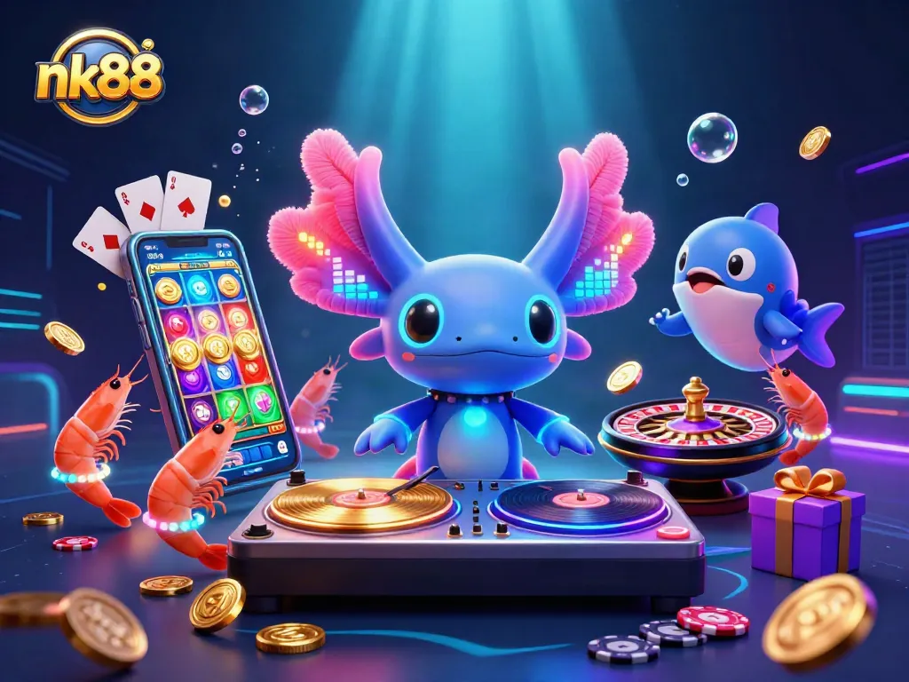 Experience nk88 with vibrant slot games and aquatic fun through a colorful 3D casino scene.