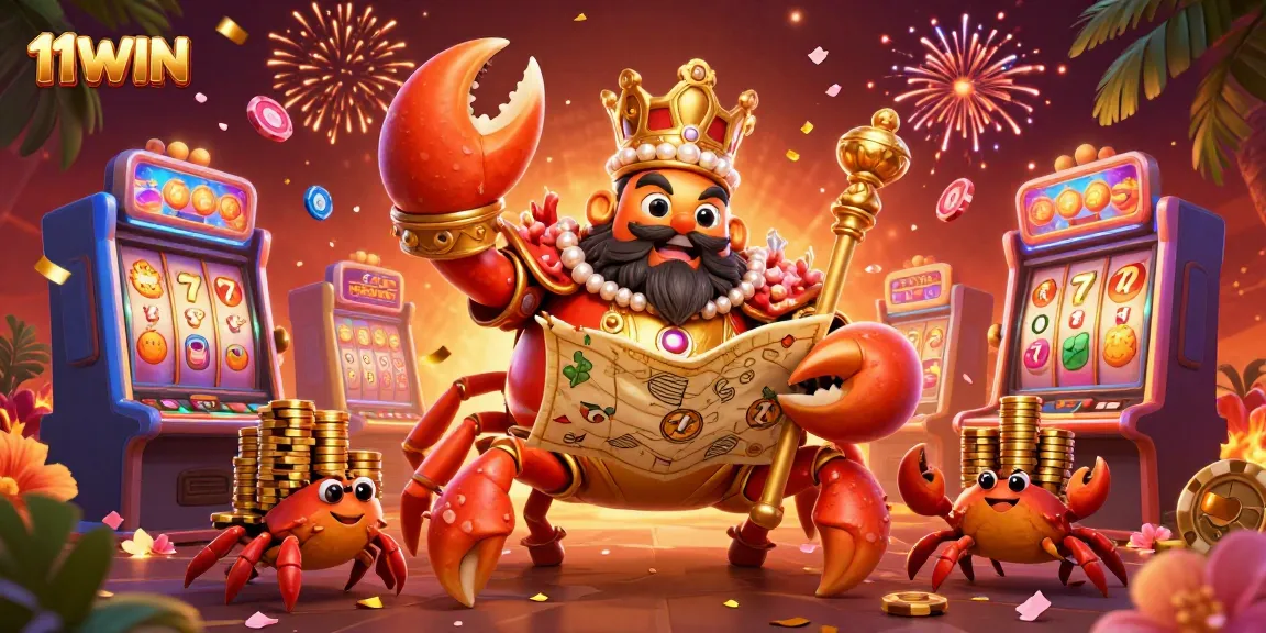 Engage in thrilling gameplay at 11WIN with a lively casino scene featuring a golden crab emperor and slot machines.