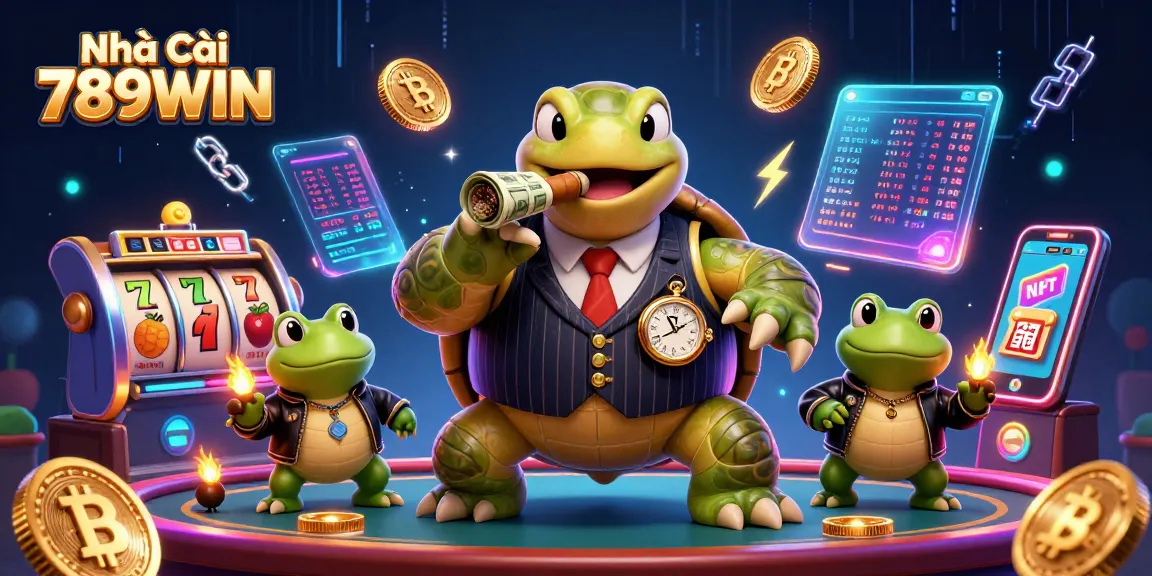 Engage with the thrilling experience at Nhà cái 789WIN with vibrant 3D casino graphics featuring slot elements and animated characters.