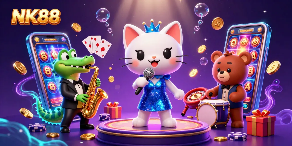 NK88 offers thrilling slot games with vibrant characters and casino elements in a dynamic 3D illustration.
