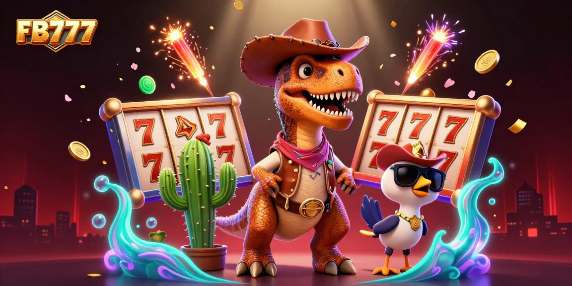 Engage with FB777's animated slot adventure featuring a cartoon dinosaur, luck elements, and vibrant casino icons.