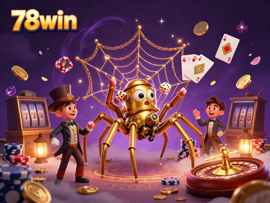 Experience thrilling wins with 78win's engaging slots and casino scene featuring a steampunk spider.