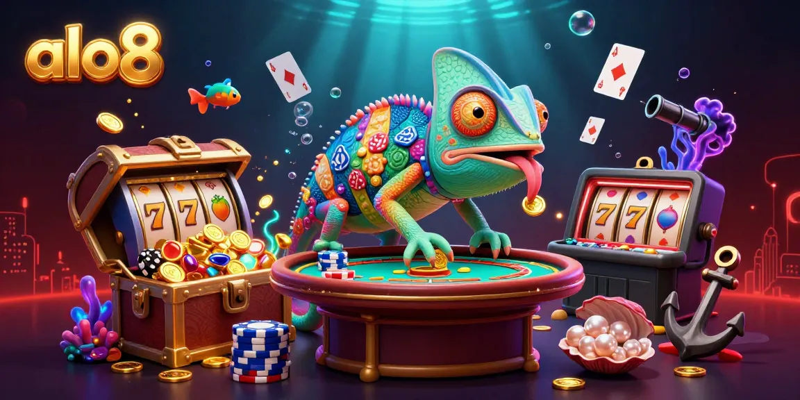 Alo8 casino features a vibrant 3D chameleon owner, slot reels, and treasures, creating an engaging gaming atmosphere.