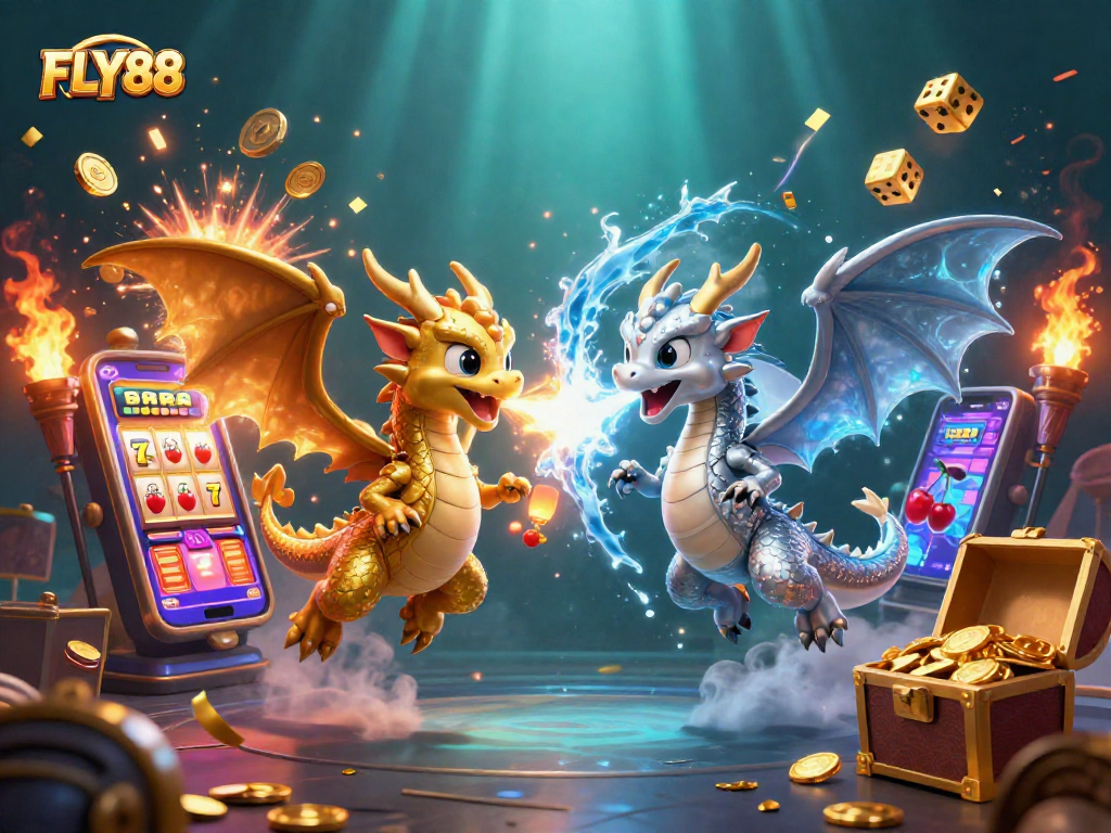 FLY88 offers thrilling gameplay with vibrant dragons and dynamic casino elements surrounding them.