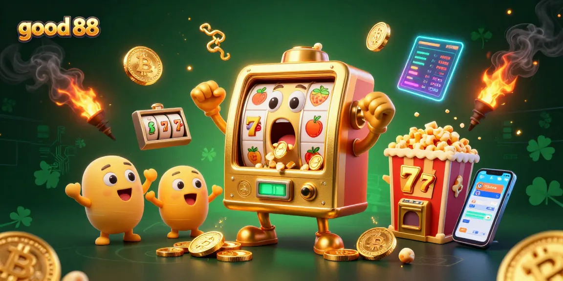 Experience the excitement of good 88 with a sensational golden slot machine hitting the jackpot amidst cheering characters.