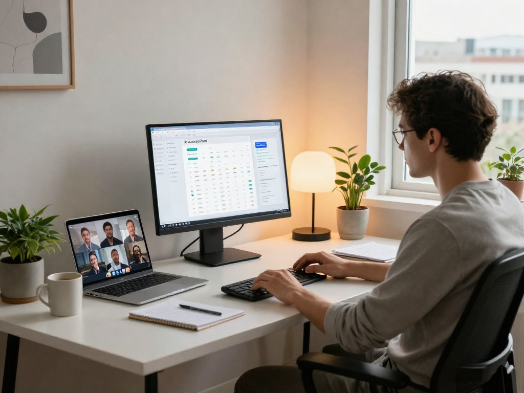 Using ToDesk software for seamless remote work from a stylish home office, showcasing productivity and comfort.