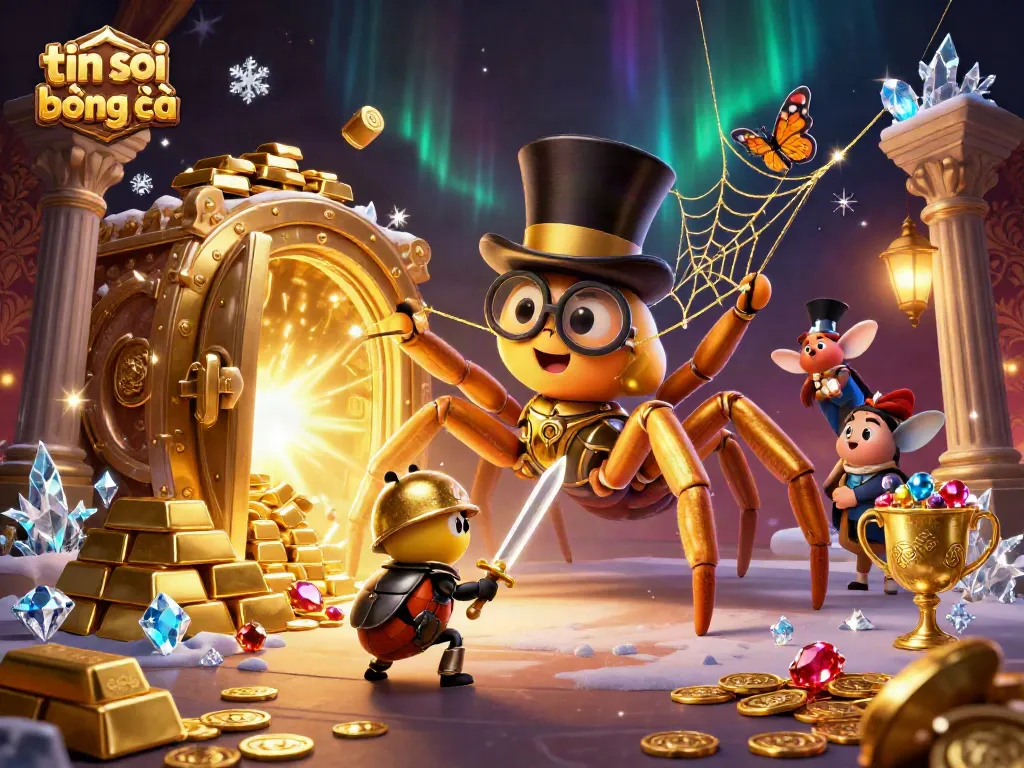 Engage in tin soi kèo bóng đá with a brave little beetle knight and golden tarantula in a lavish casino scene.