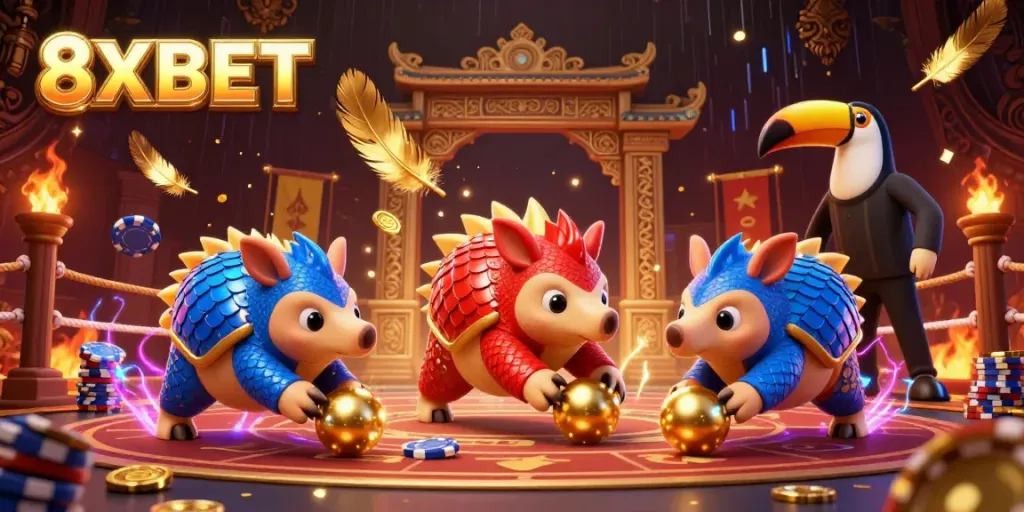 Rival pangolins in a dynamic casino scene showcasing 8XBET with poker chips and a toucan referee.