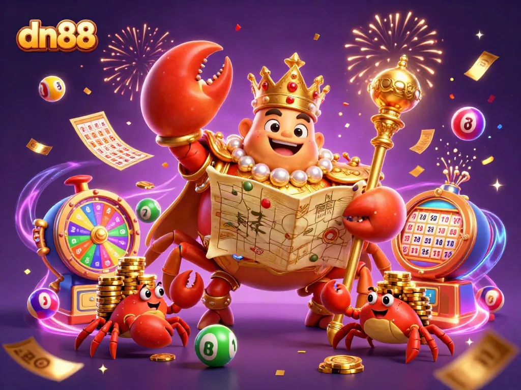 Engage with the thrilling dn88 gaming experience featuring a golden crab emperor amidst vibrant casino elements.