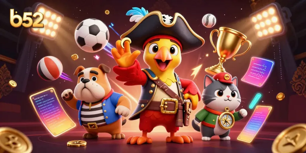 Play games and win with b52, featuring vibrant 3D cartoon characters and dynamic sports elements.