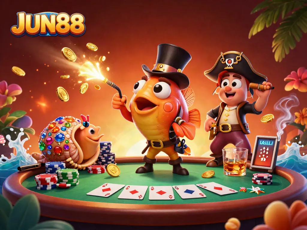 Experience thrilling gameplay with JUN88 in a vibrant, rich scene of cartoon characters and casino elements.
