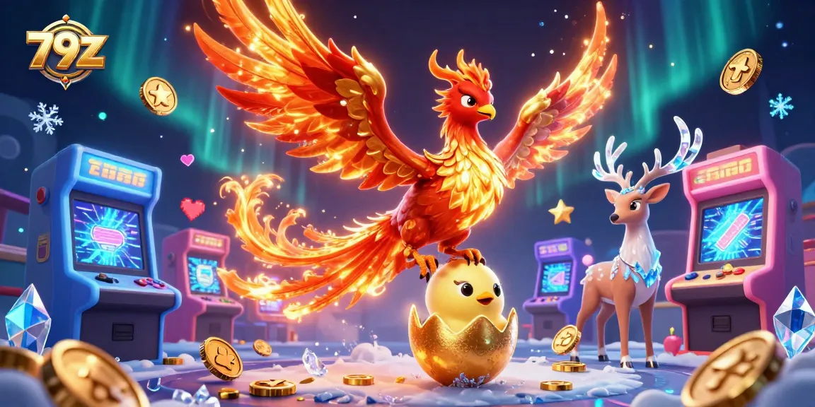 Engage with thrill at 79Z, as the fiery phoenix and mystical stag enhance the vibrant casino gaming atmosphere.