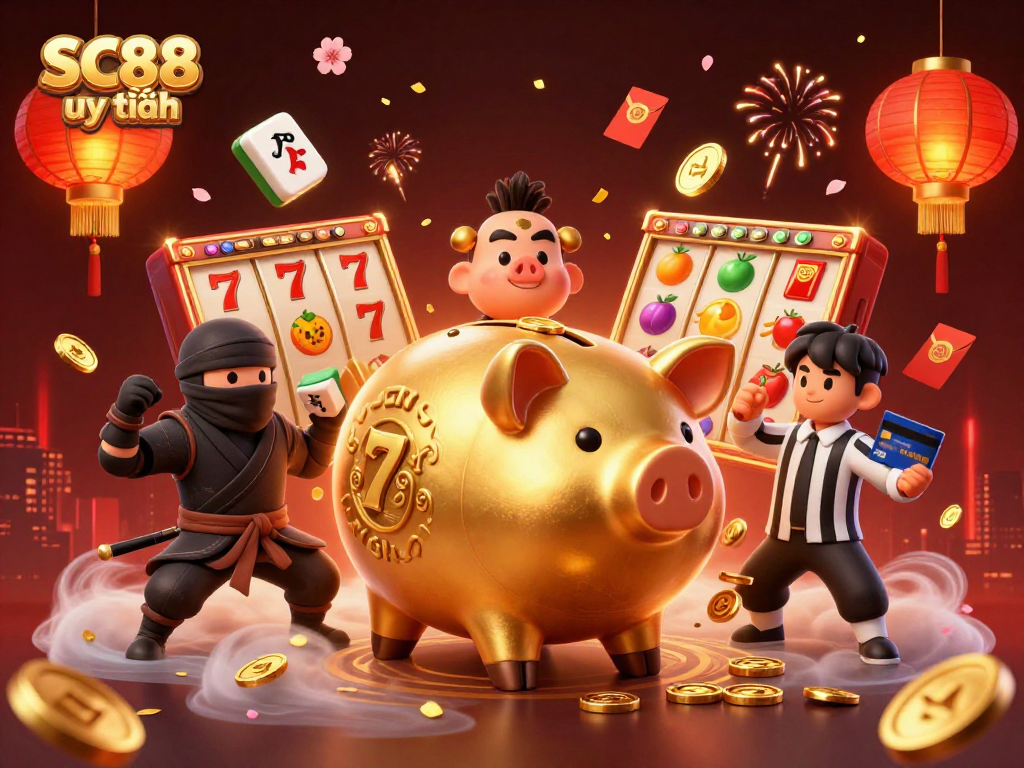Engage in gaming excitement with SC88 uy tín featuring a dynamic scene of characters and casino elements.