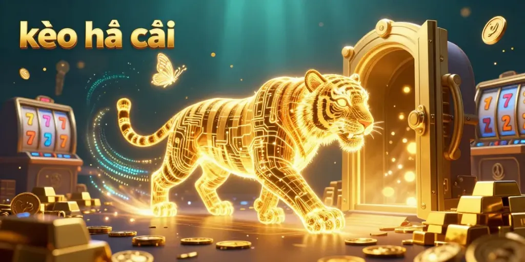 Bet on kèo nhà cái with the illustrated golden tiger and vibrant casino elements capturing dynamic energy.