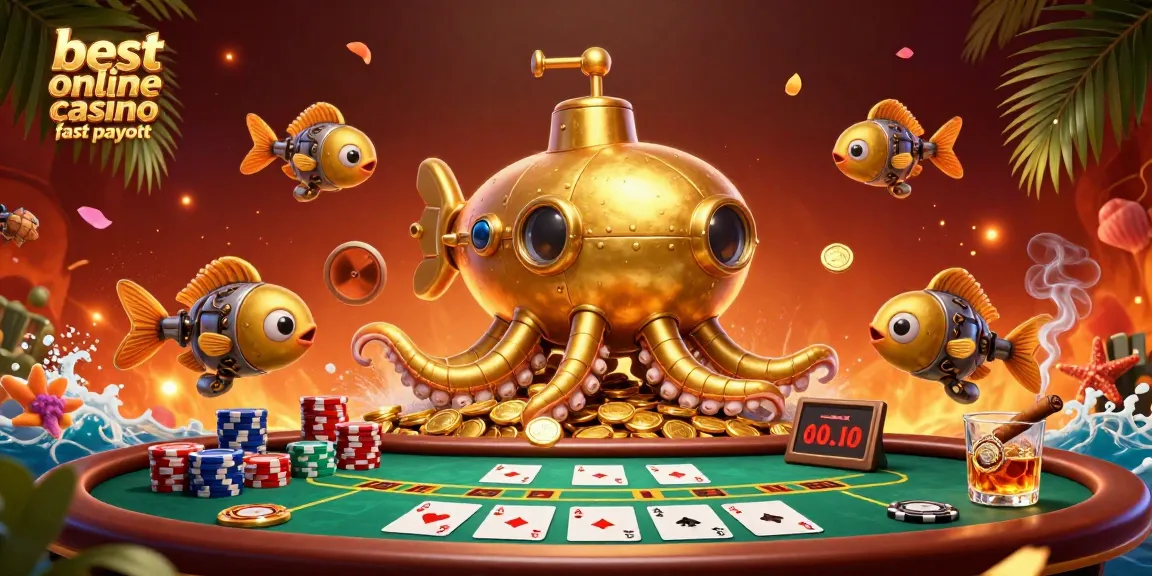Experience the thrill at the best online casino fast payout with a kraken submarine amidst poker elements.