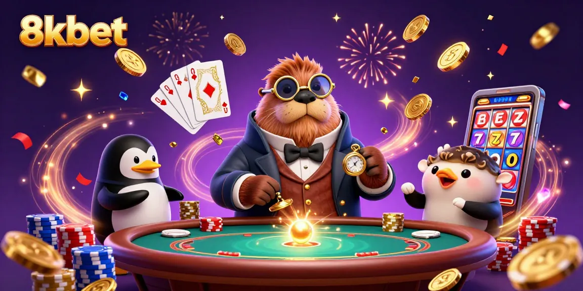 Join the fun at 8xbet with exciting poker, dazzling gems, and festive celebrations in this vibrant illustration.