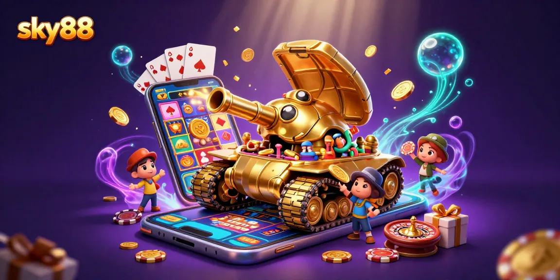 Experience thrilling gameplay at sky88 with a golden casino beetle tank, showcasing vibrant slot and card games.