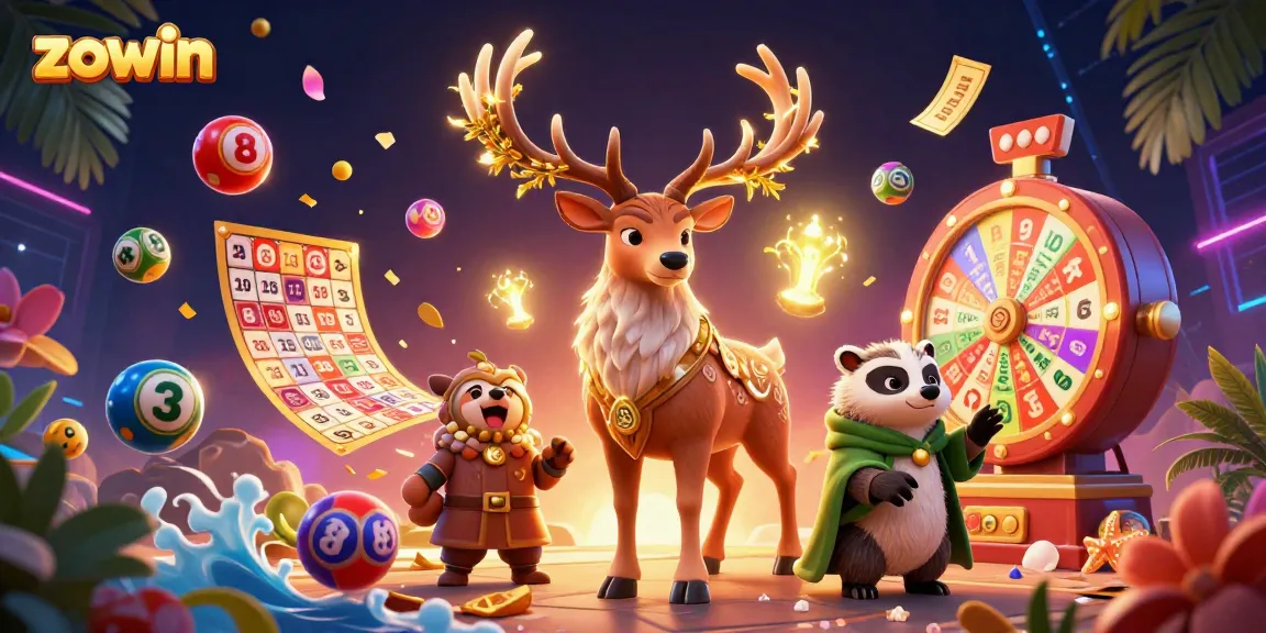Zowin games lottery dynamic illustration with druid and badger amidst vibrant gaming elements