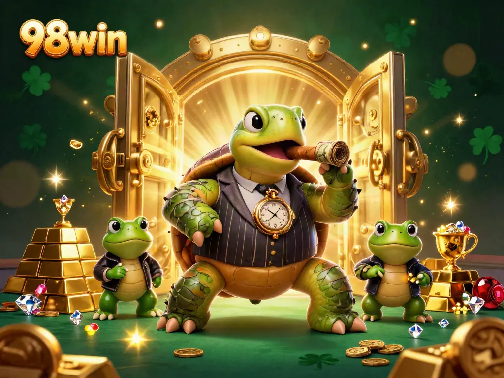 Join the excitement of 98win with a vibrant casino scene featuring a turtle mobster and frog enforcers.