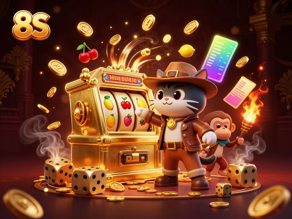 Engage in 8S slot gaming with a cat archaeologist discovering golden artifacts, surrounded by dynamic symbols.
