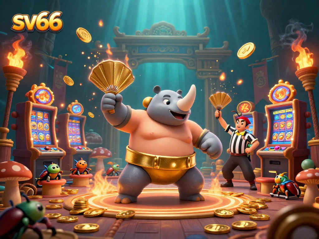 sv66 casino experience featuring animated characters and vibrant slot machines in a dynamic scene