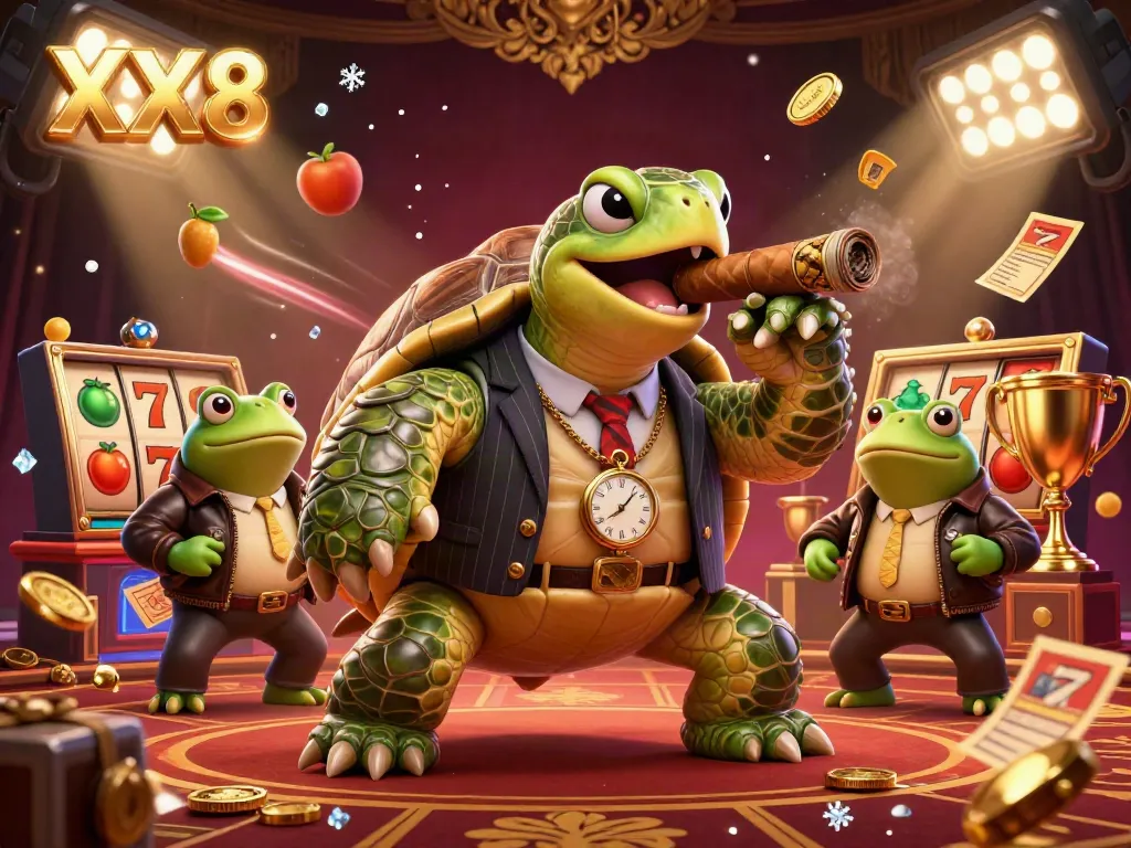 Feel the excitement of XX8 with a cartoon snapping turtle in a casino packed with slot reels and trophies.