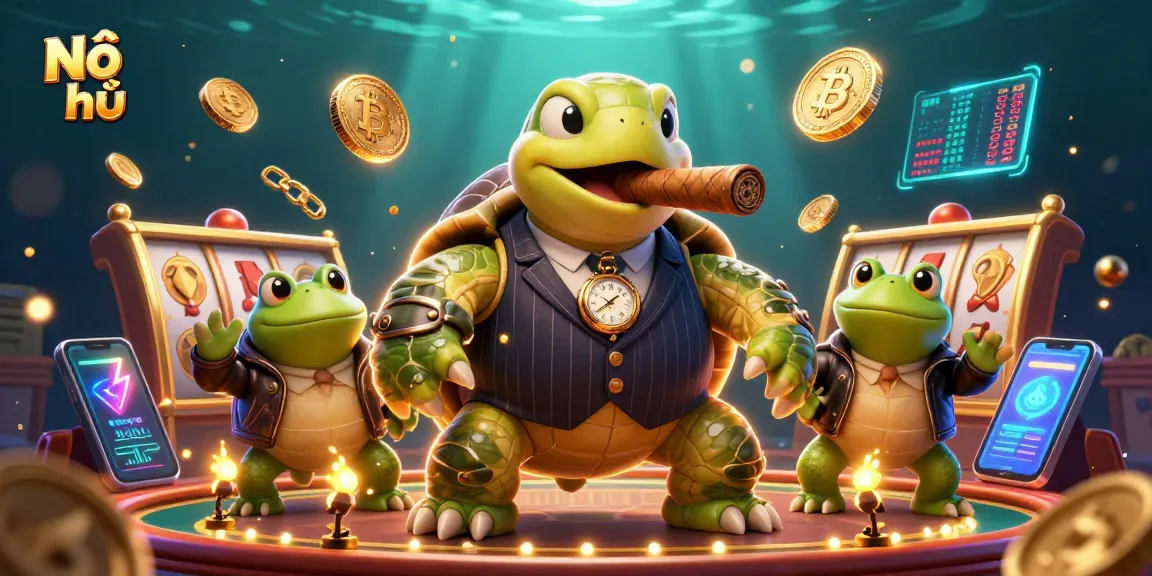 Nổ hũ showcases an energetic 3D scene with slot game elements, cartoon turtle, and enforcers.