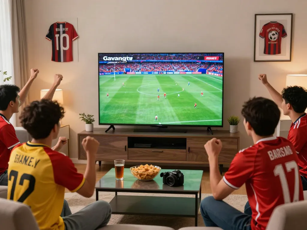 Fans enjoying live football broadcasts on Gavangtv in a cozy living room setting.